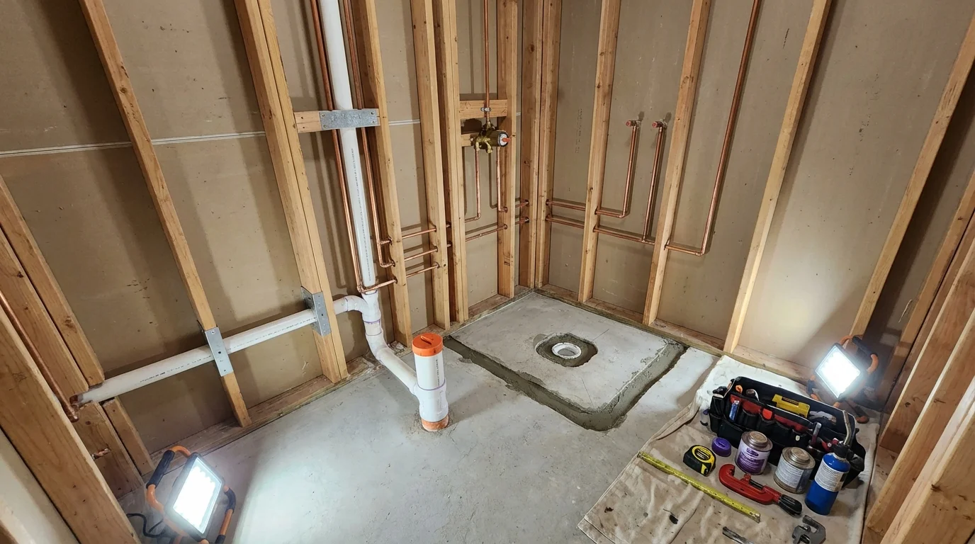 Bathroom rough-in plumbing during remodel by Johns Plumbing LLC in Atlantic City