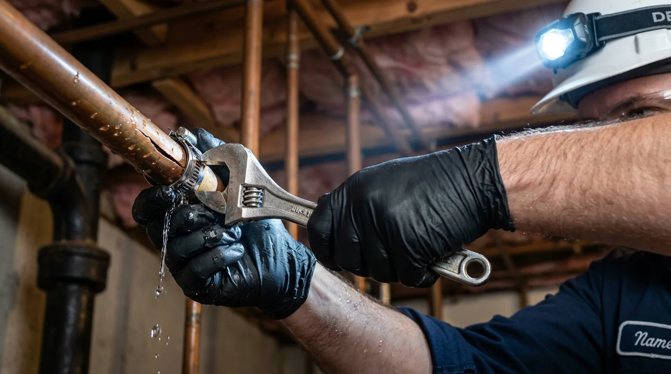 Emergency pipe clamp repair being performed by a Johns Plumbing LLC plumber in Atlantic City