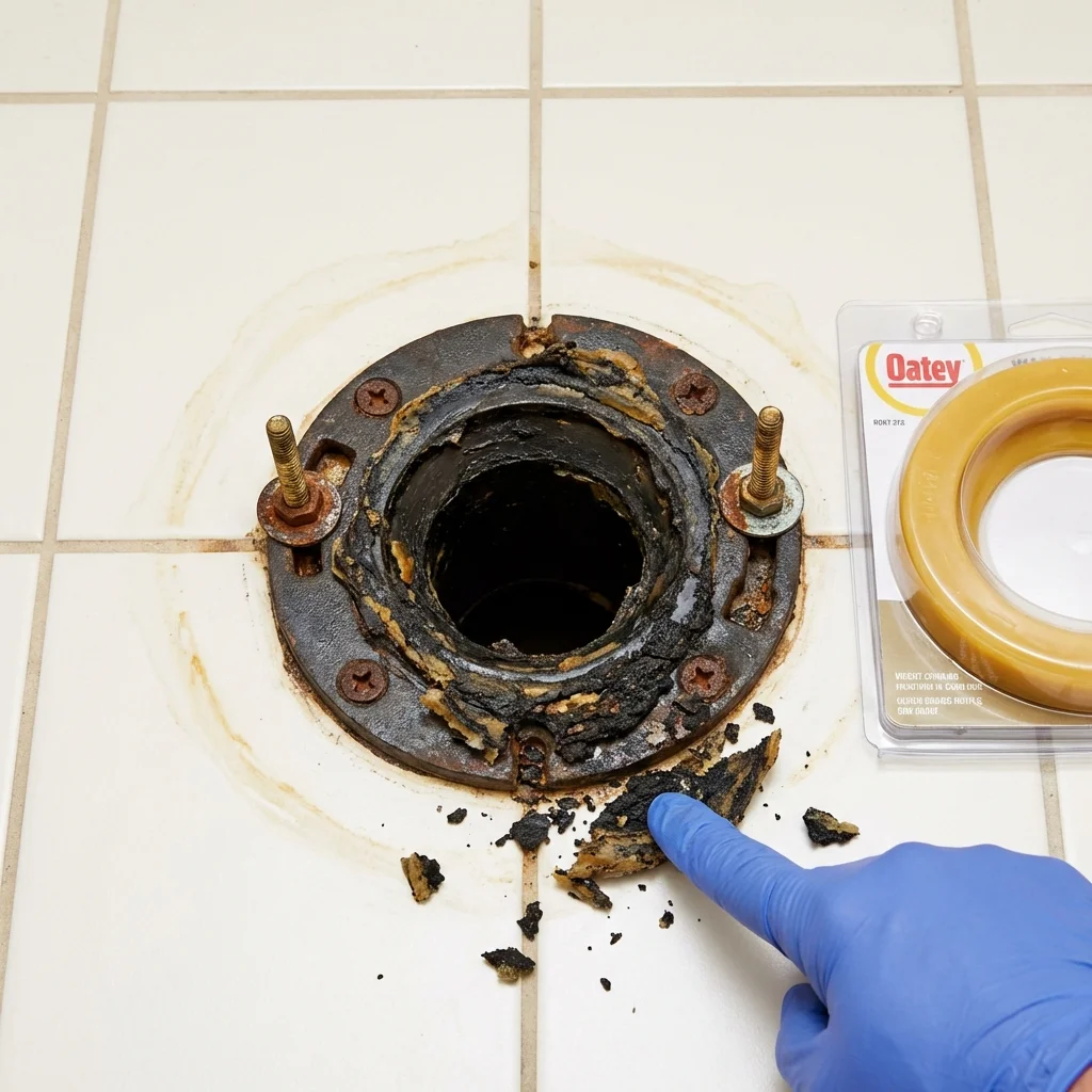 Failed wax ring showing water seepage at the base of a toilet in a Atlantic City, NJ home