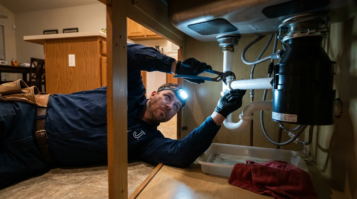 P-trap and supply line connections under a kitchen sink showing a common leak point in Atlantic City, NJ